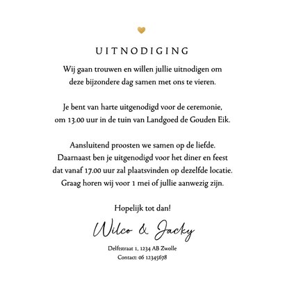 Trouwkaart uitnodiging hart goud romantisch algemeen 3