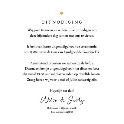 Trouwkaart uitnodiging hart goud romantisch algemeen 3