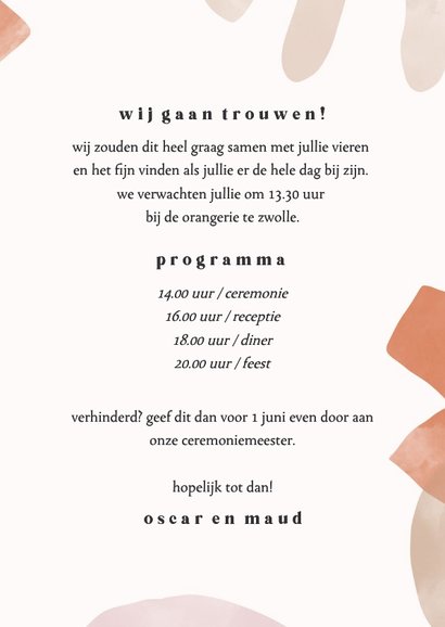 Trouwkaart uitnodiging kunstzinnig abstract waterverf 3