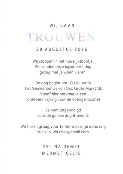 Trouwkaart uitnodiging met eigen foto en holografisch folie 3