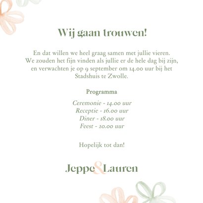 Trouwkaart uitnodiging met waterverf bloemetjes gekleurd 3
