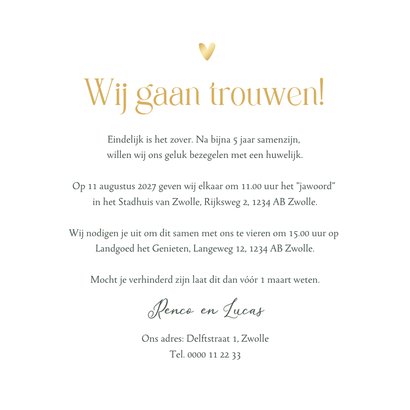 Trouwkaart uitnodiging Mr and Mr gay eucalyptus goud 3