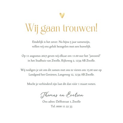 Trouwkaart uitnodiging Mr and Mrs eucalyptus goud 3