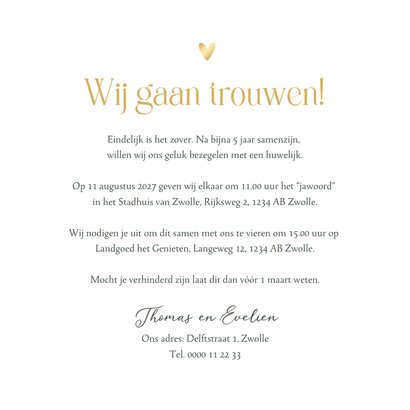 Trouwkaart uitnodiging Mr and Mrs eucalyptus goud 3