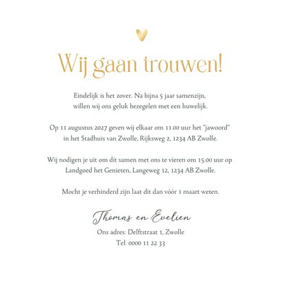 Trouwkaart uitnodiging Mr and Mrs eucalyptus goud 3