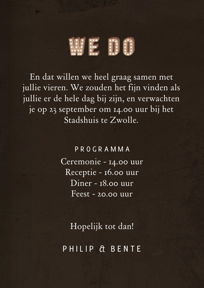 Trouwkaart uitnodiging we do letters met licht festival 3