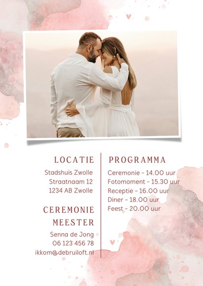Trouwkaart uitnodiging wij gaan trouwen roze waterverf koper 2