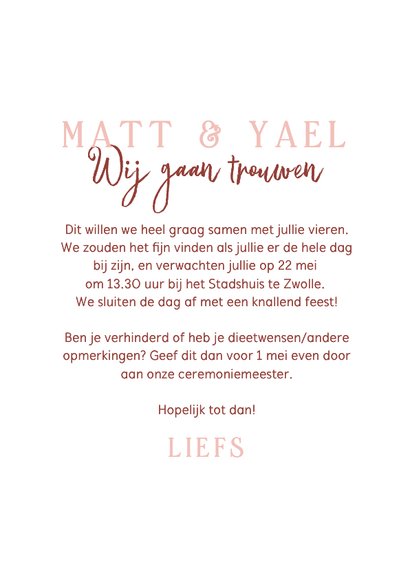 Trouwkaart uitnodiging wij gaan trouwen roze waterverf koper 3