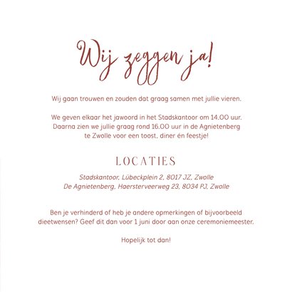 Trouwkaart uitnodiging 'wij zeggen ja' roze waterverf hoeken 3