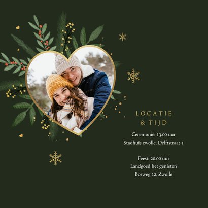 Trouwkaart uitnodiging winter wedding groen goud sneeuw hart 2