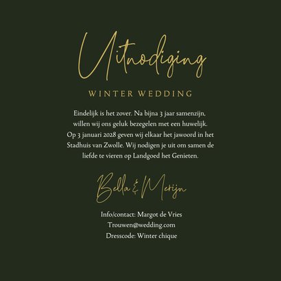 Trouwkaart uitnodiging winter wedding groen goud sneeuw hart 3