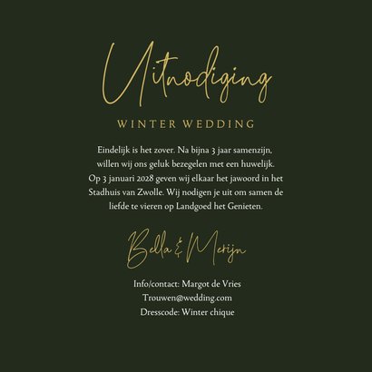 Trouwkaart uitnodiging winter wedding groen goud sneeuw hart 3