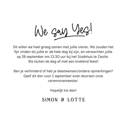Trouwkaart vierkant handgeschreven we say yes met foto kader 3