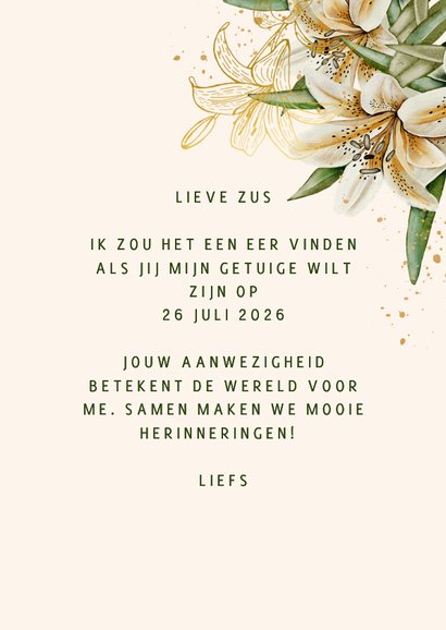 Trouwkaart voor getuige witte lelies met goudfolie 3