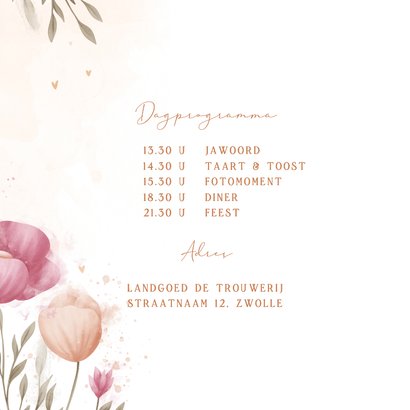 Trouwkaart waterverf bloemen met koperen hartjes 2