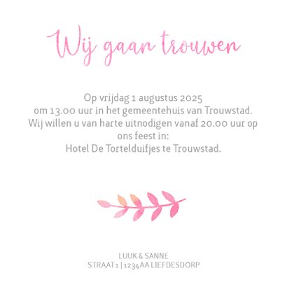 Trouwkaart waterverf in roze waterverf en rozen 3