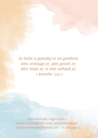 Trouwkaart waterverf peach roze blauw 2