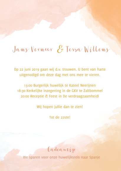 Trouwkaart waterverf peach roze blauw 3