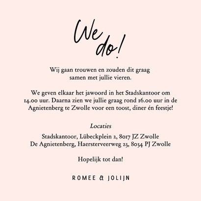 Trouwkaart 'we do!' marmerlook roze wit en goud 3