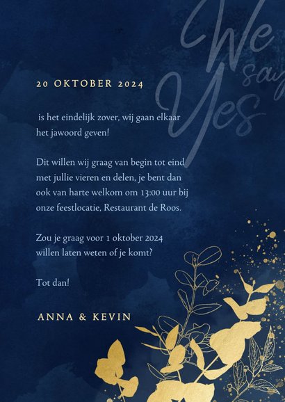 Trouwkaart We say Yes blauwe waterverf gouden plantjes 3