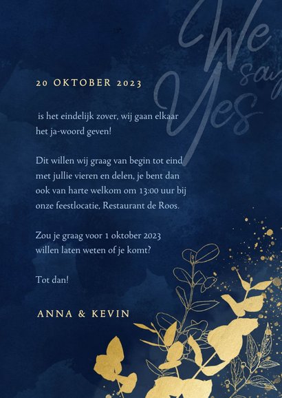 Trouwkaart We say Yes blauwe waterverf gouden plantjes 3