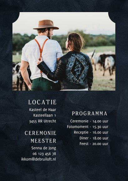 Trouwkaart 'we say yes' donkerblauw met goud stijlvol 2