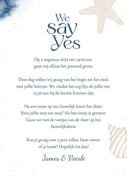 Trouwkaart we say yes strand zee water schelpen verf 3