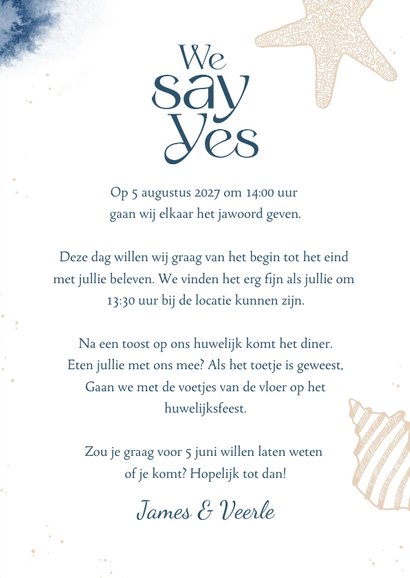 Trouwkaart we say yes strand zee water schelpen verf 3