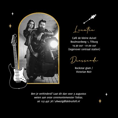Trouwkaart we will rock romantisch zwart goud metal 2