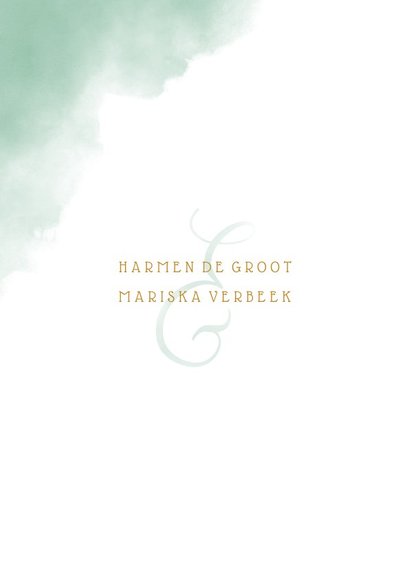 Trouwkaart 'WEDDING' met waterverf, gouden hartjes en foto 2
