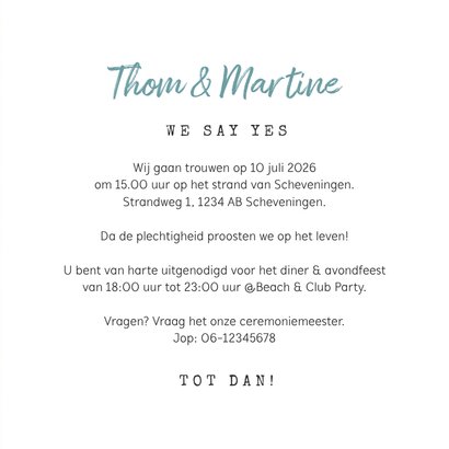 Trouwkaart wegwijzers strand hartjes 3