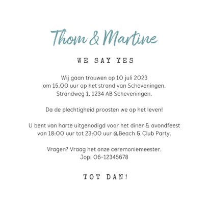 Trouwkaart wegwijzers strand hartjes 3