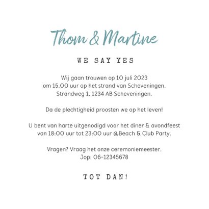 Trouwkaart wegwijzers strand hartjes 3