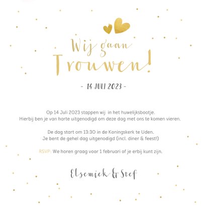 Trouwkaart wij gaan trouwen - wit met goudlook confetti 3