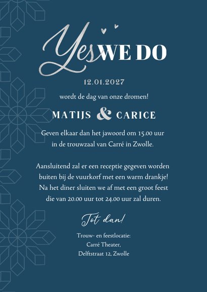 Trouwkaart winter grafisch sneeuwvlok patroon zilver 3