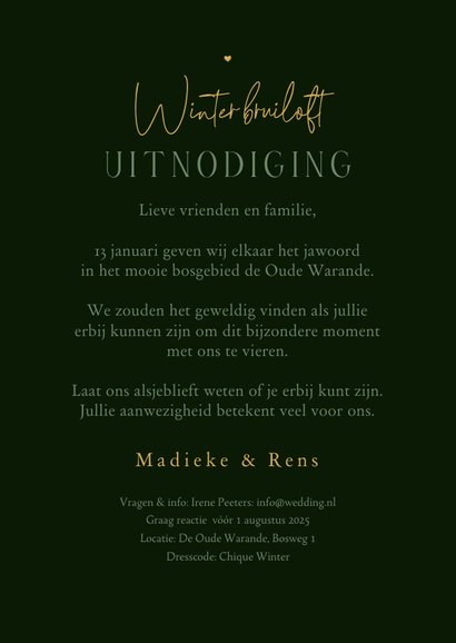 Trouwkaart winter wedding dennenbomen donker groen goud 3