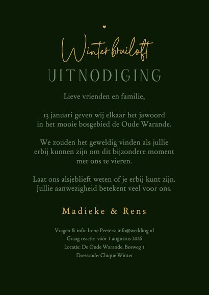Trouwkaart winter wedding dennenbomen donker groen goud 3