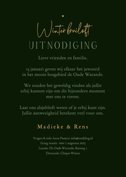 Trouwkaart winter wedding dennenbomen donker groen goud 3