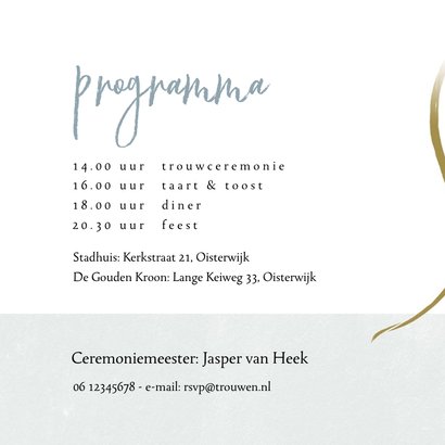 Trouwkaart, wit met foto en goudkleurige slinger 2