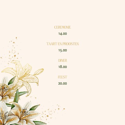 Trouwkaart witte lelie met goudfolie 2