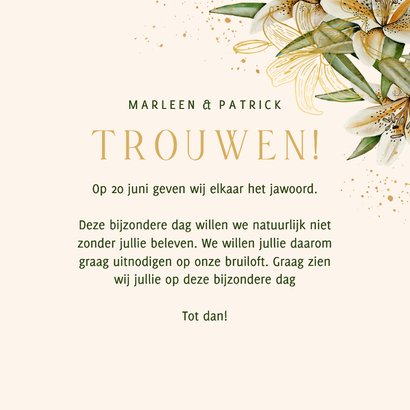 Trouwkaart witte lelie met goudfolie 3