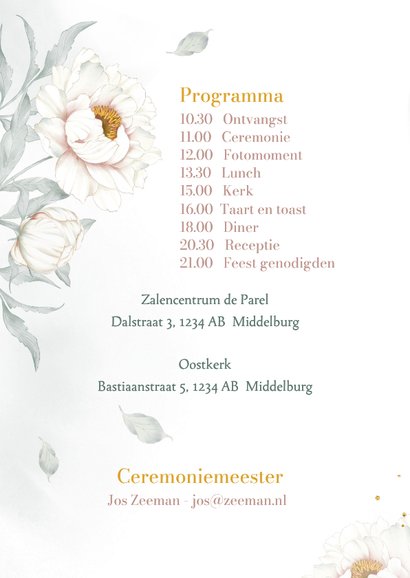 Trouwkaart witte Pioenrozen met goudlook 2