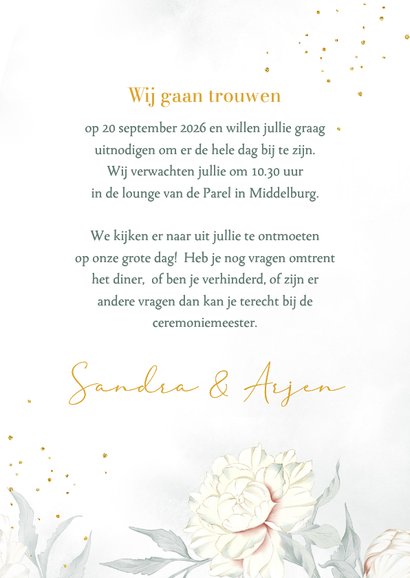 Trouwkaart witte Pioenrozen met goudlook 3