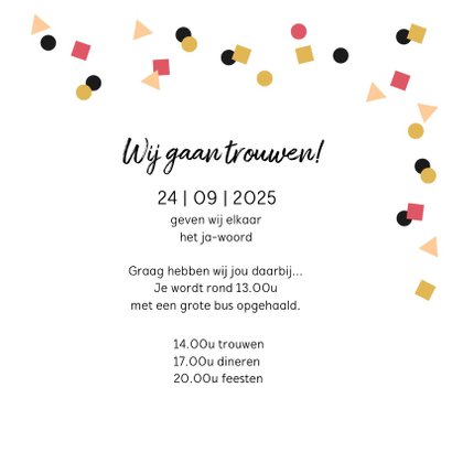 Trouwkaart zwart foto confetti goud 3