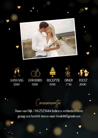 Trouwkaart zwart goudlook hartjes rechthoekig 2