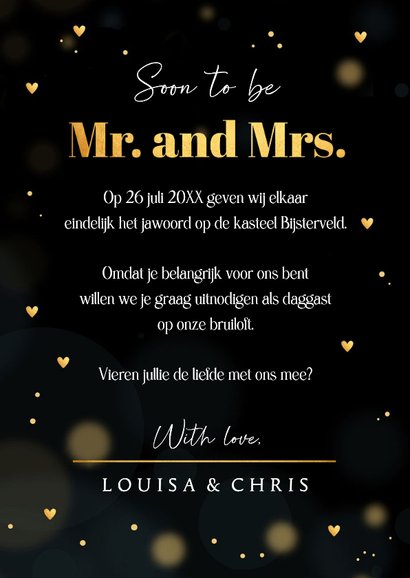 Trouwkaart zwart goudlook hartjes rechthoekig 3