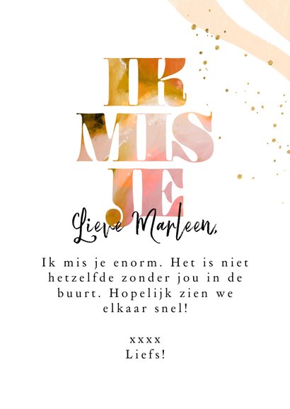 Typografische kaart ‘Ik mis je’ kleurrijk verf 3