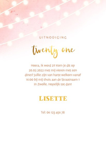 Uitnodiging 21 diner goud met waterverf met lampjes 3
