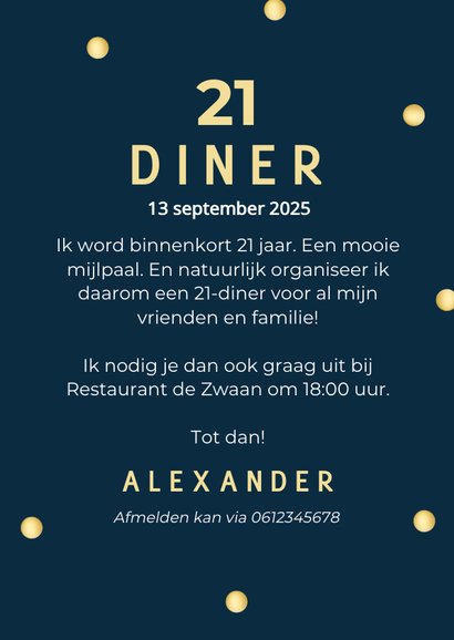 Uitnodiging 21-diner met donkerblauw gouden confetti 3