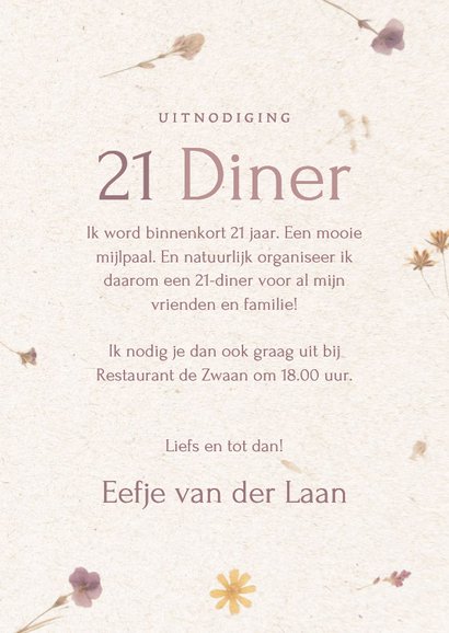 Uitnodiging 21 diner met foto en bloemetjes 3